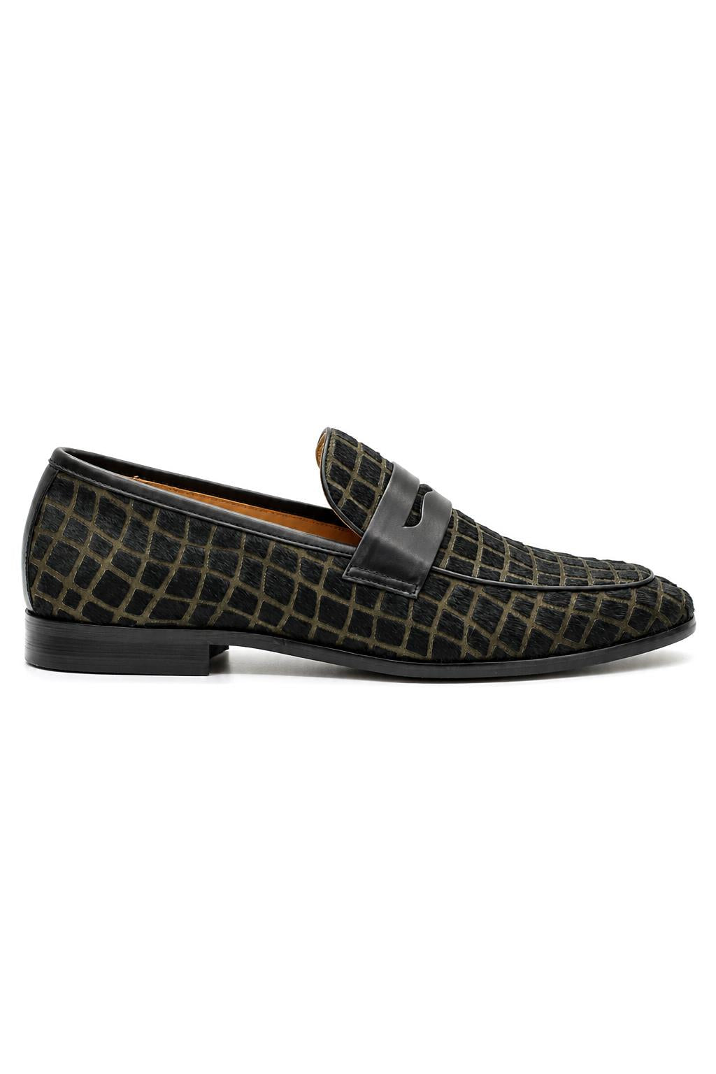 GINO Men’s Black Patterned Horsehair Leather Penny Loafers Sartorial Shoes