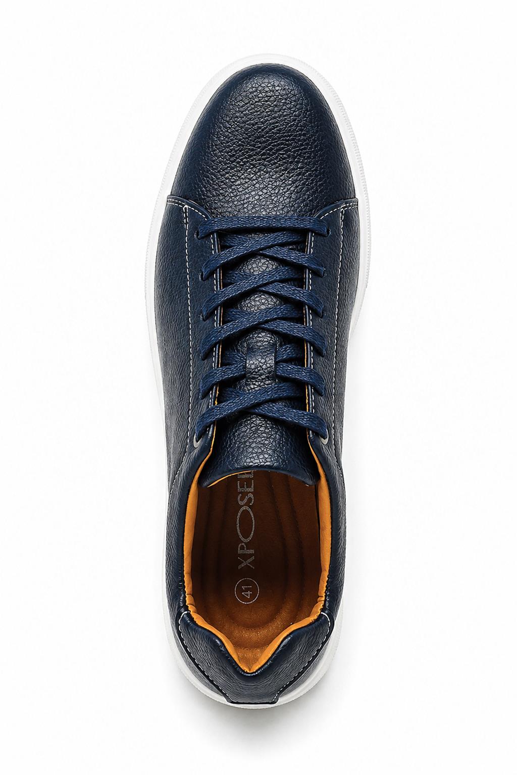 Men’s Navy Grain-Effect Faux Leather Lace-Up Trainers Sartorial Shoes