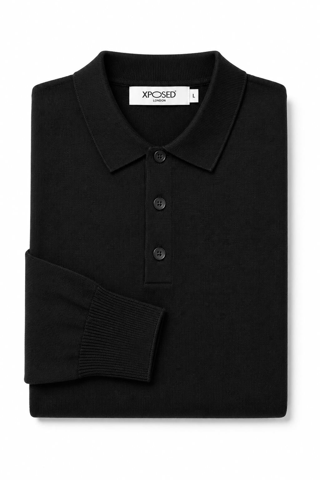 Men's Black 100% Cotton Fine Knit Button Neck Polo Jumper CAVANI