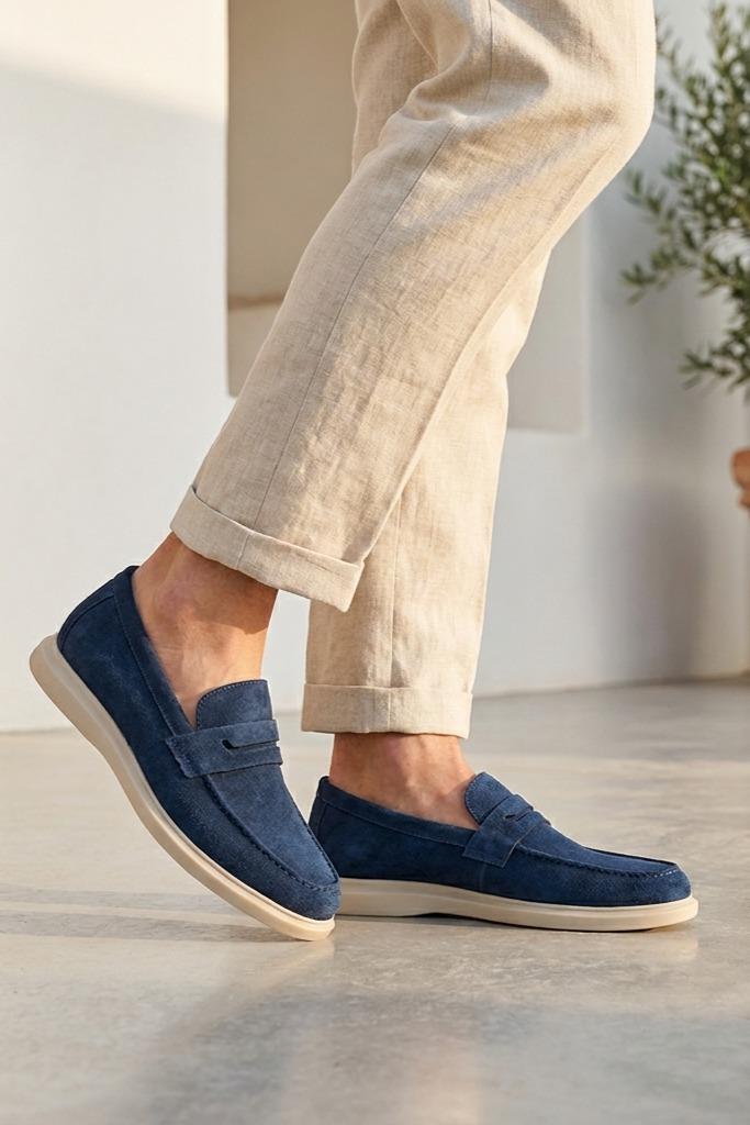 Men’s Milo Navy Blue Suede Leather Penny Loafers Sartorial Shoes