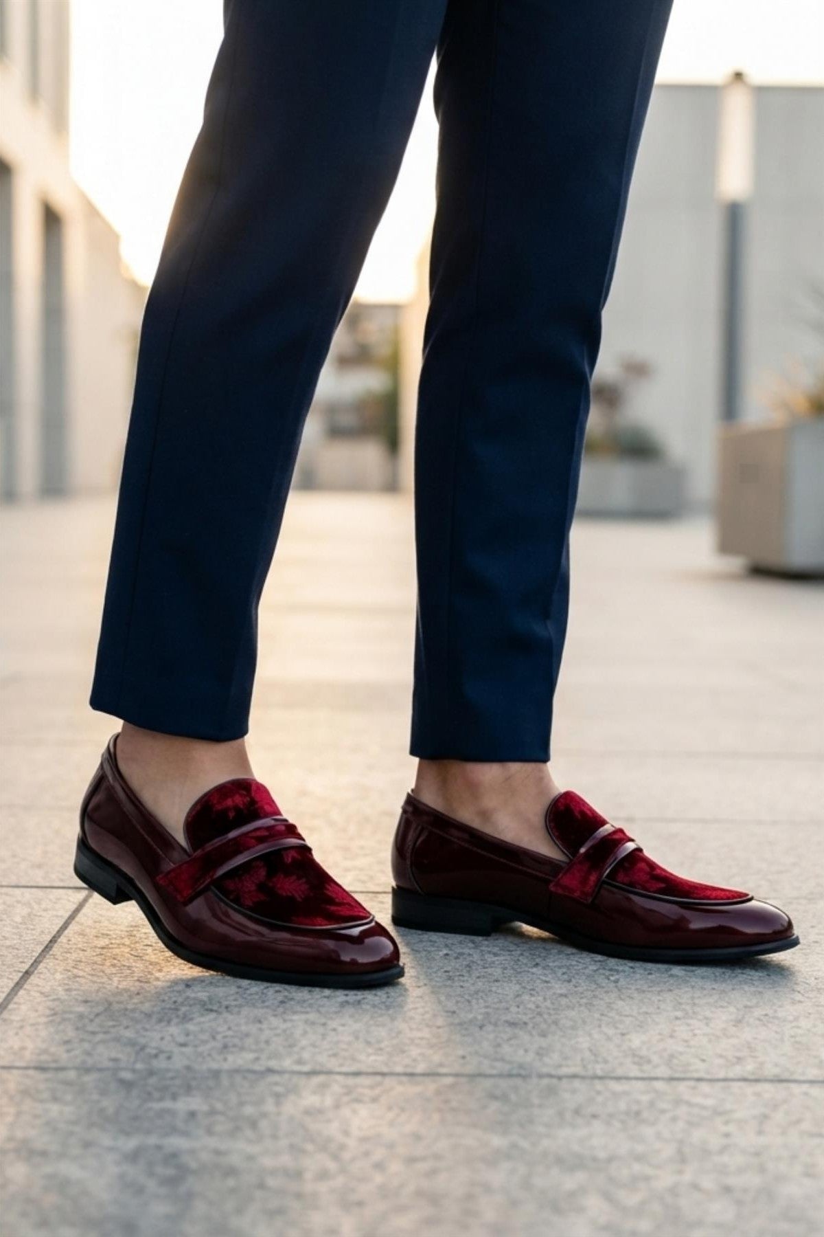 Men's Maroon Floral Velvet Patent Dress Loafers Sartorial Shoes
