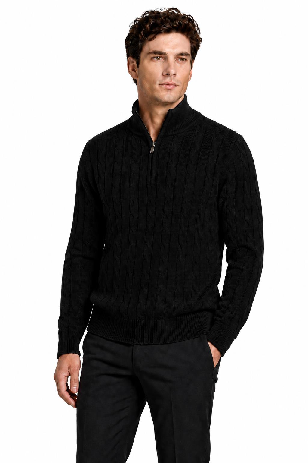 Men's Black 100% Cotton Fine Cable Knit Quarter Zip Neck Jumper CAVANI