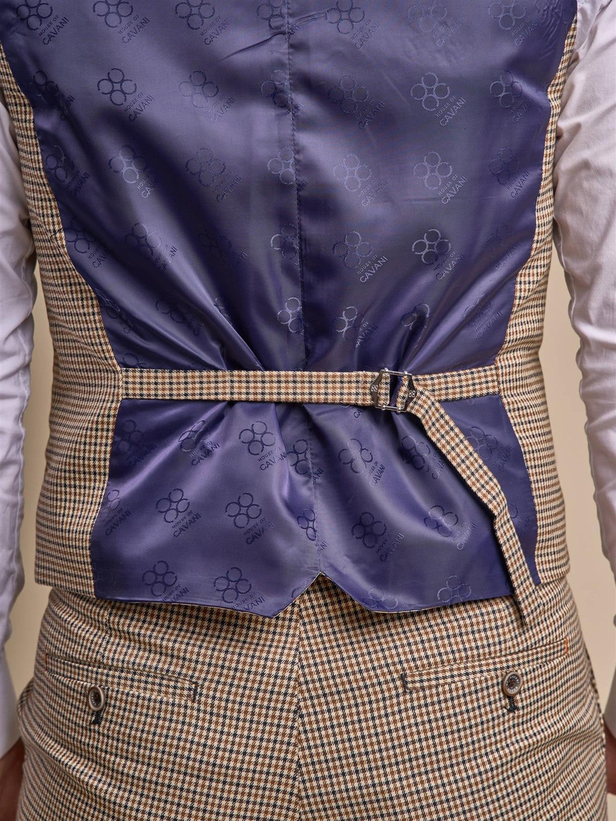 MENS ELWOOD HOUNDSTOOTH TAN THREE PIECE SUIT CAVANI