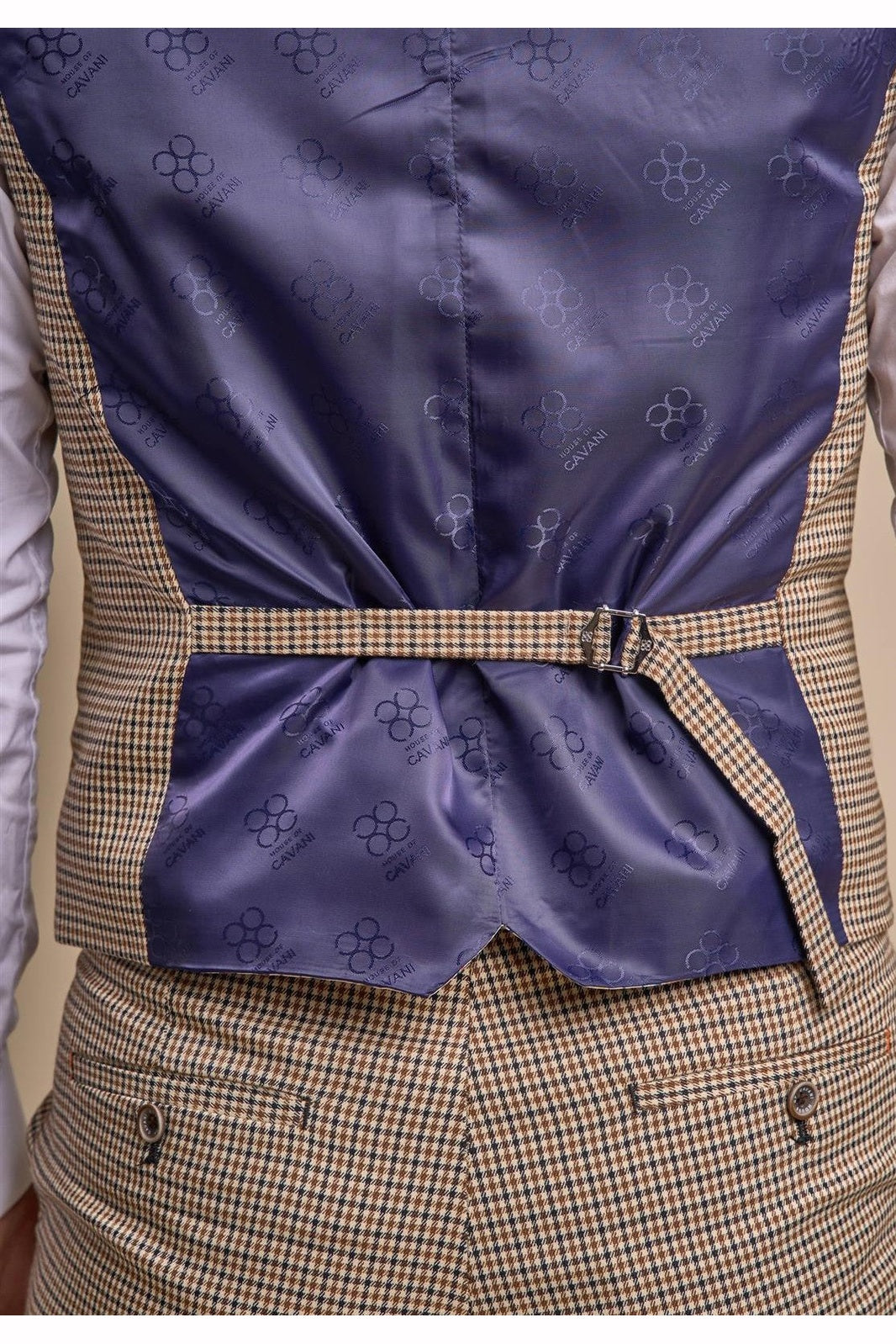 MENS ELWOOD HOUNDSTOOTH TAN THREE PIECE SUIT CAVANI