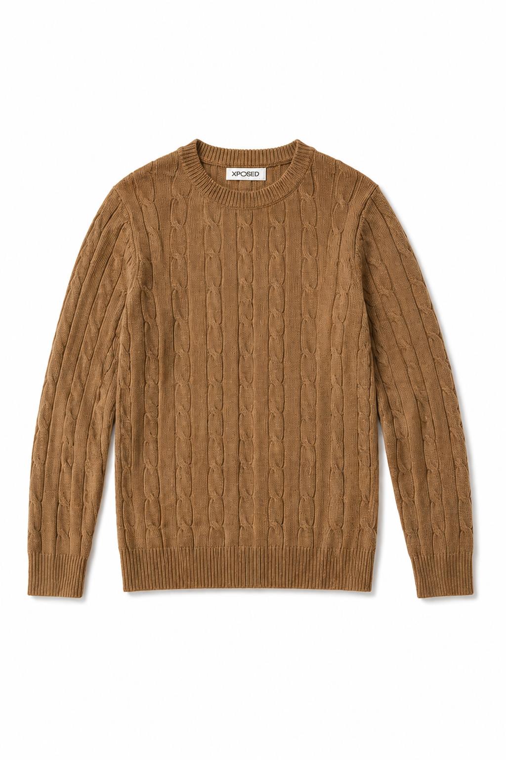 Men's Camel 100% Cotton Fine Cable Knit Crew Neck Jumper CAVANI