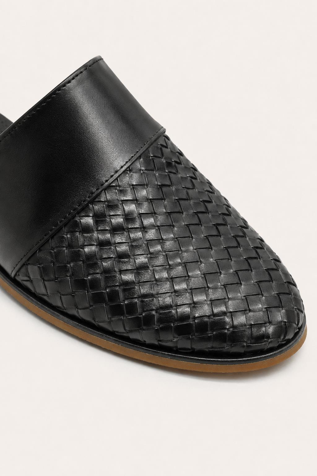 FINO Men’s Black Woven Leather Mule Slippers Sartorial Shoes
