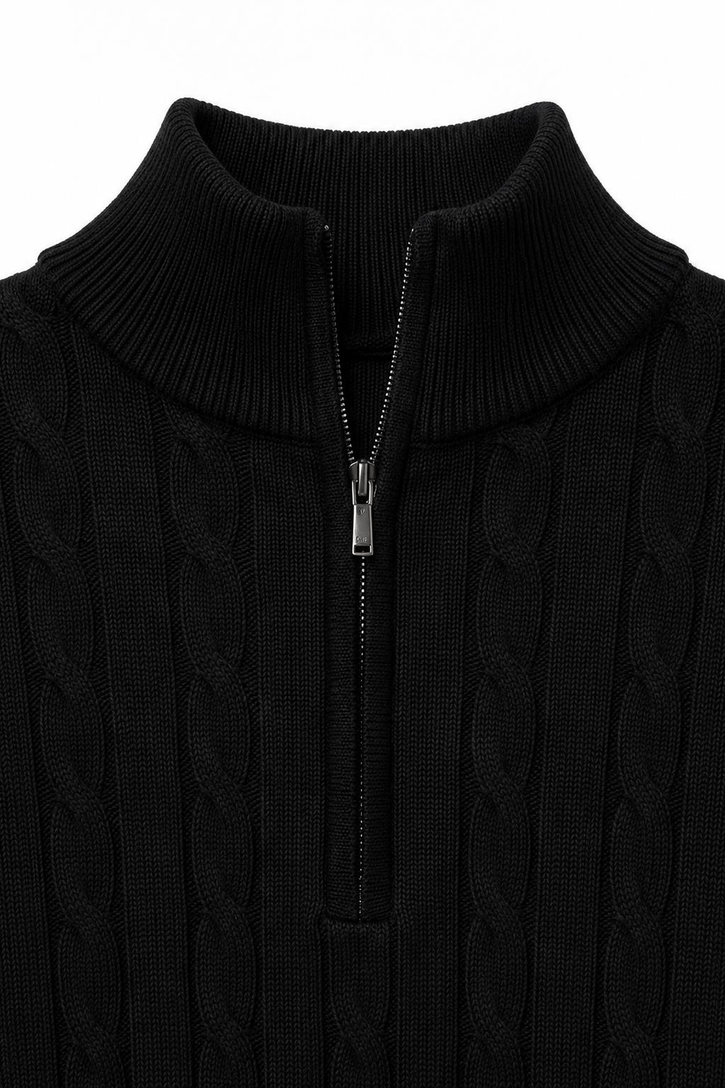 Men's Black 100% Cotton Fine Cable Knit Quarter Zip Neck Jumper CAVANI