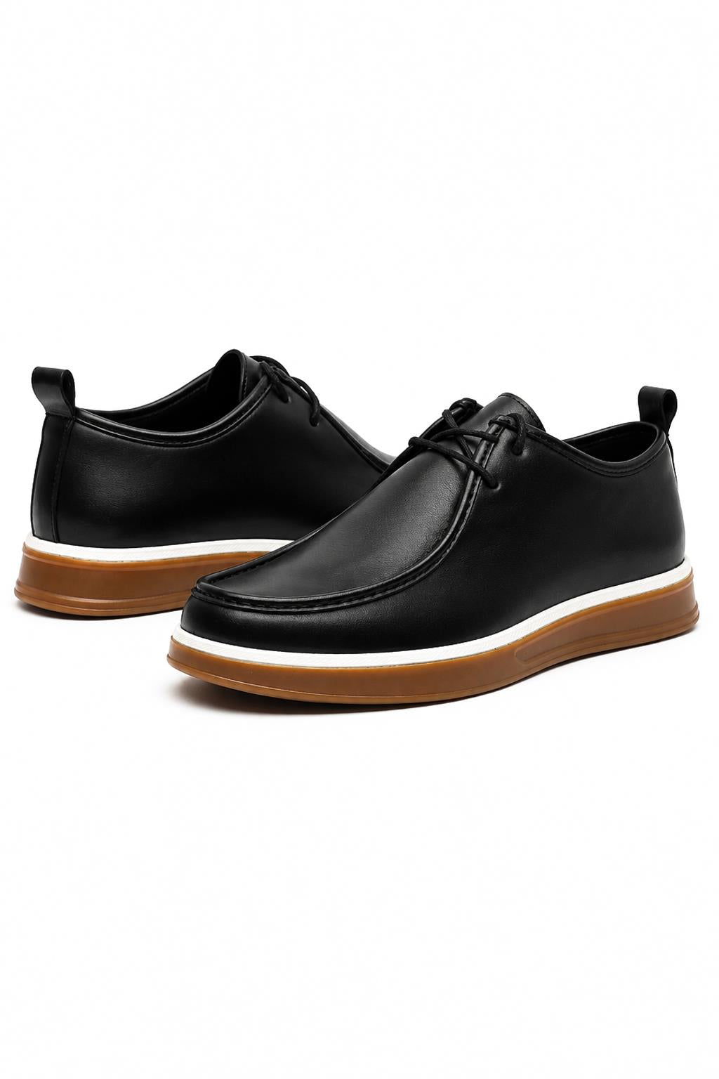 Men's Black Faux Leather Apron Toe Moc-Toe Chukka Boots Sartorial Shoes