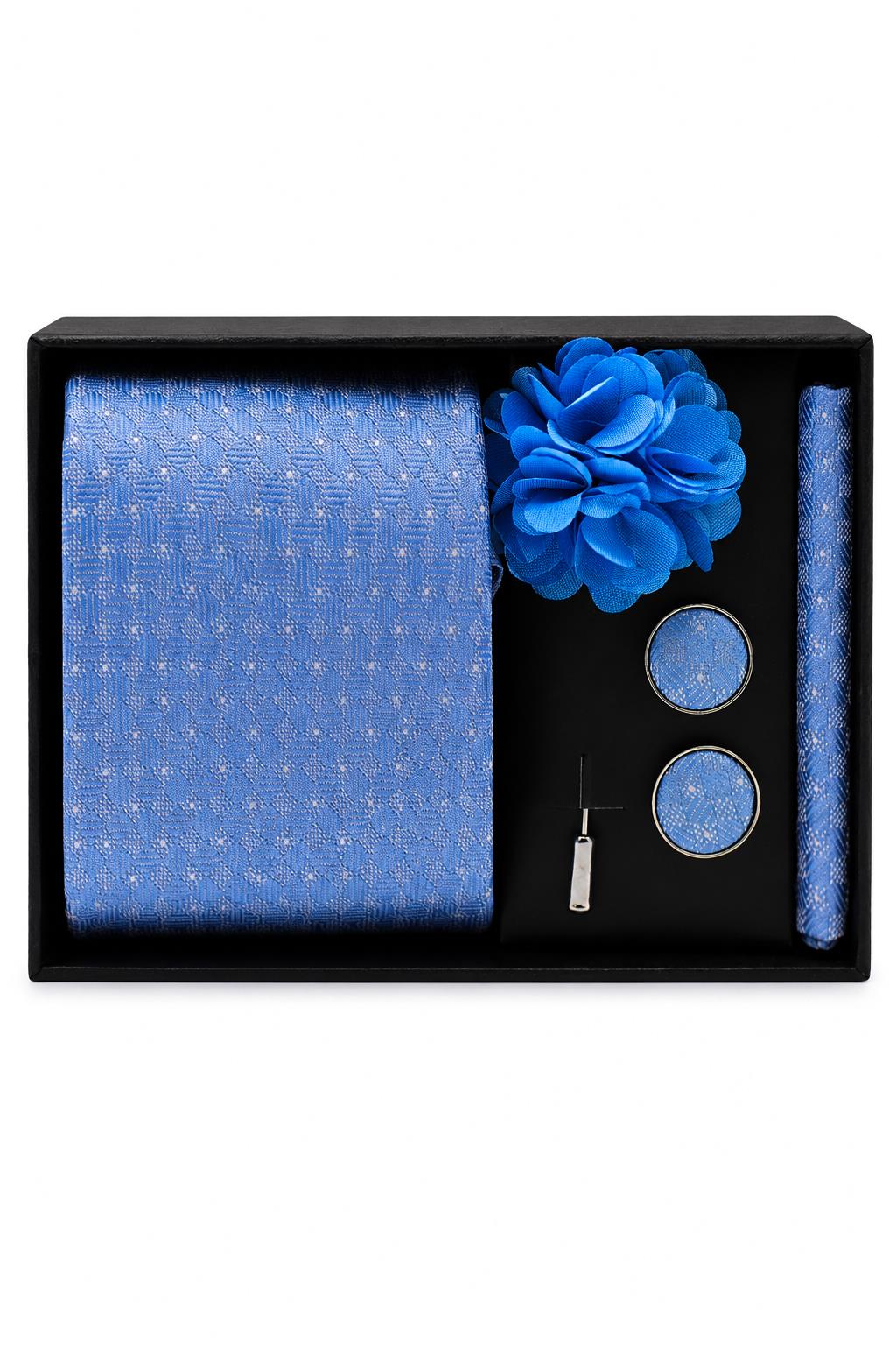 Men’s Light Blue Mini Check Patterned 4-Piece Tie Gift Set Sartorial Shoes