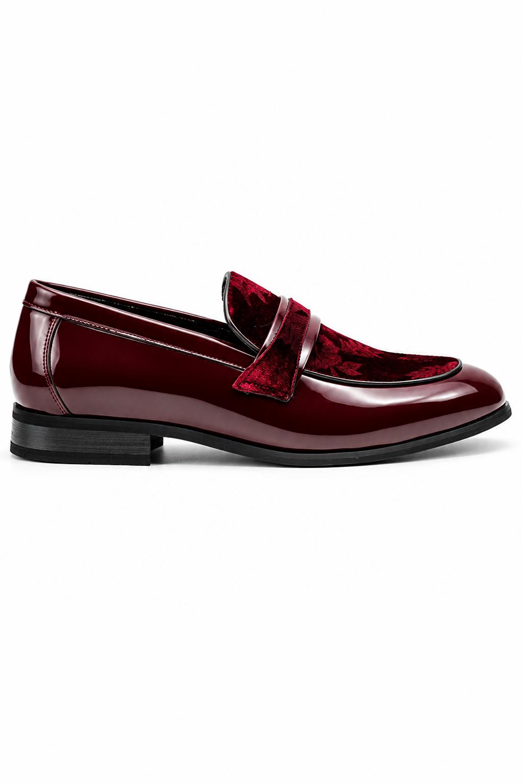 Men's Maroon Floral Velvet Patent Dress Loafers Sartorial Shoes