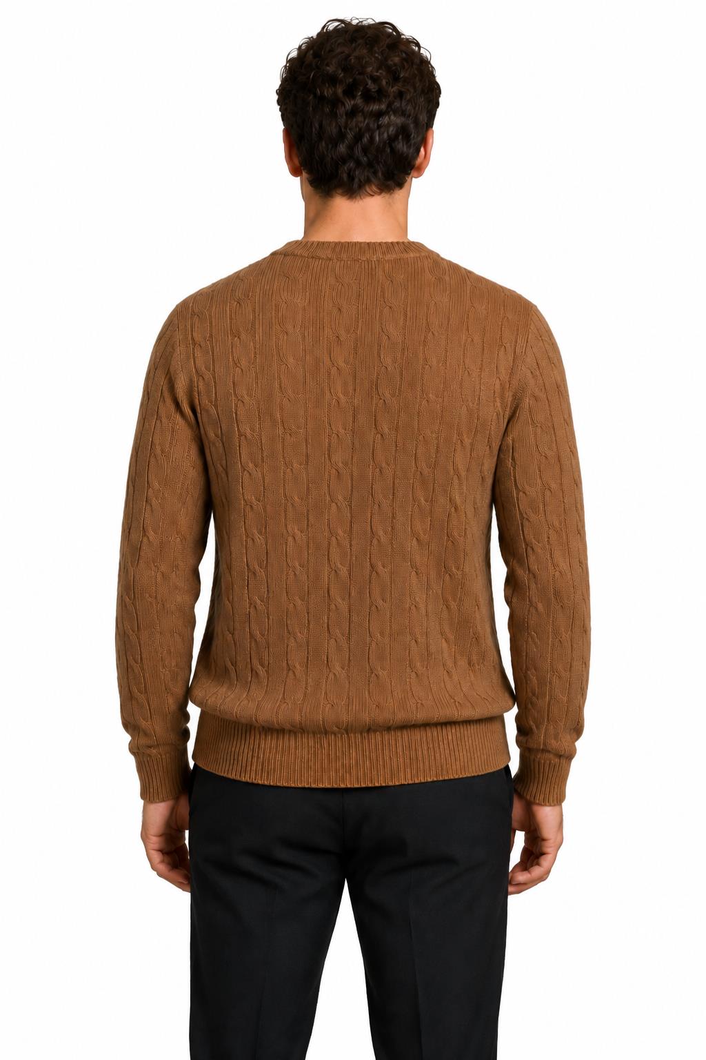 Men's Camel 100% Cotton Fine Cable Knit Crew Neck Jumper CAVANI