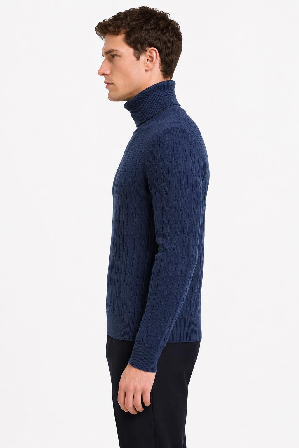 Men's Navy 100% Cotton Fine Cable Knit Roll Neck Jumper CAVANI