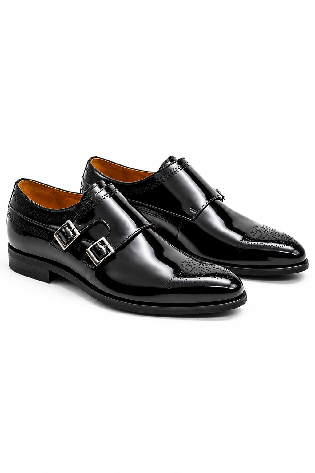 ROAN Men’s Black Hi-Shine Patent Leather Monk Dress Shoes Sartorial Shoes