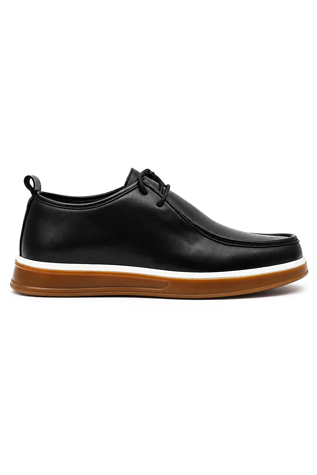 Men's Black Faux Leather Apron Toe Moc-Toe Chukka Boots Sartorial Shoes