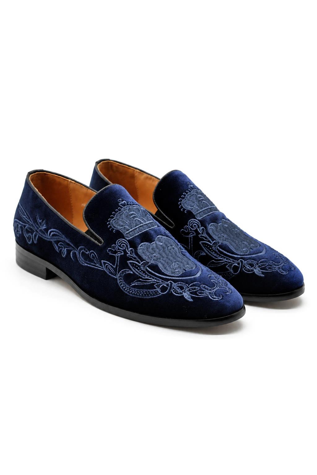 FRED Men’s Navy Blue Embroidered Velvet Party Loafers Sartorial Shoes