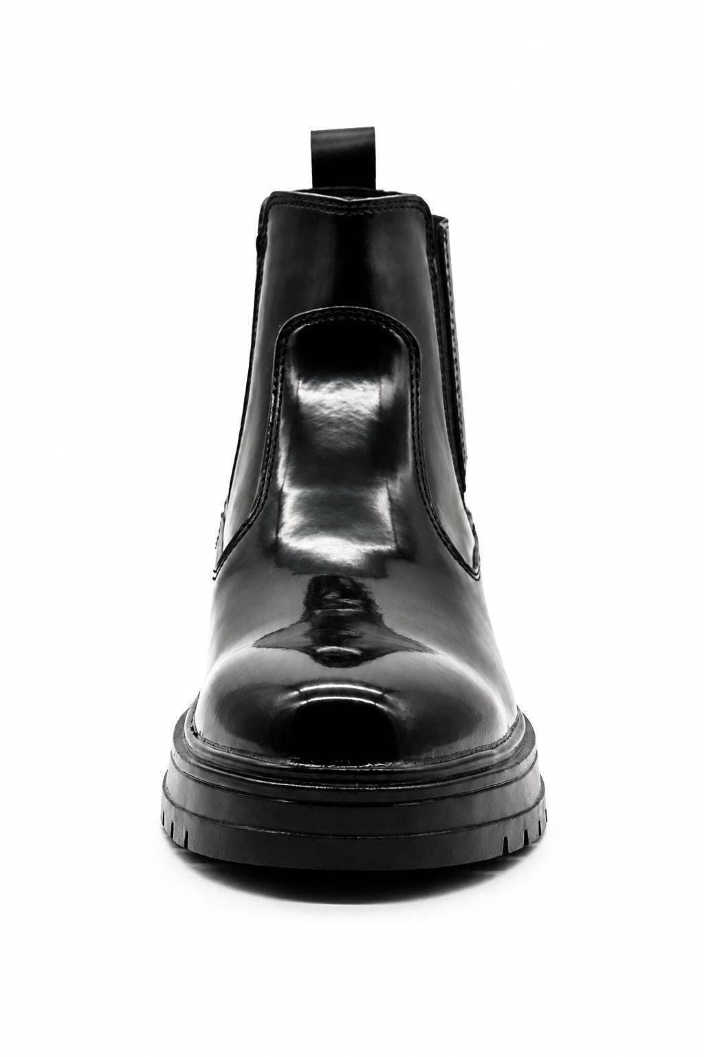 Men's Black Patent Faux Leather Retro Chelsea Boots Lug Sole Sartorial Shoes