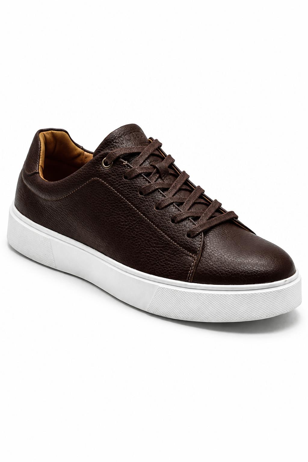 Men’s Coffee Brown Grain-Effect Faux Leather Lace-Up Trainers Sartorial Shoes