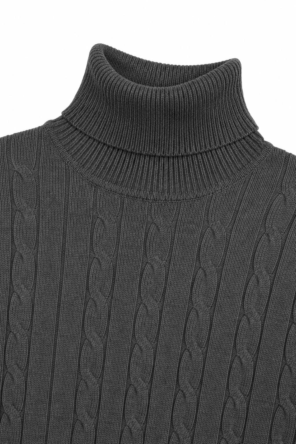 Men's Charcoal Grey 100% Cotton Fine Cable Knit Roll Neck Jumper CAVANI