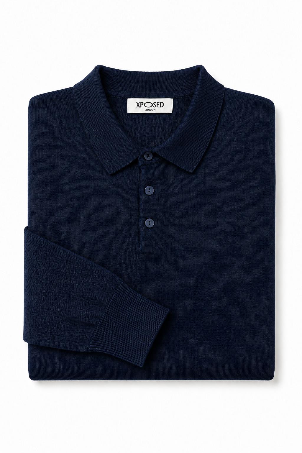 Men's Navy 100% Cotton Fine Knit Button Neck Polo Jumper CAVANI