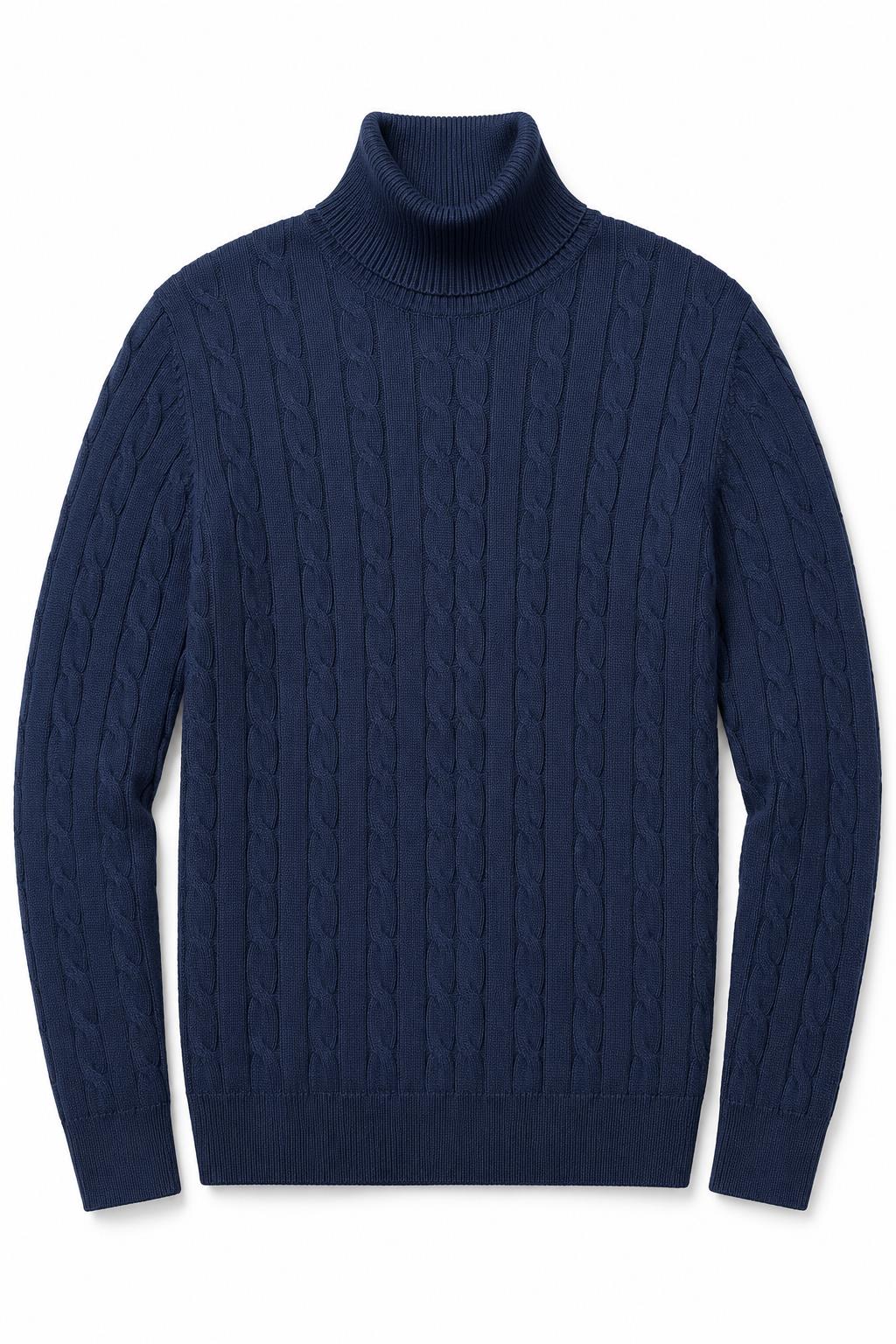 Men's Navy 100% Cotton Fine Cable Knit Roll Neck Jumper CAVANI