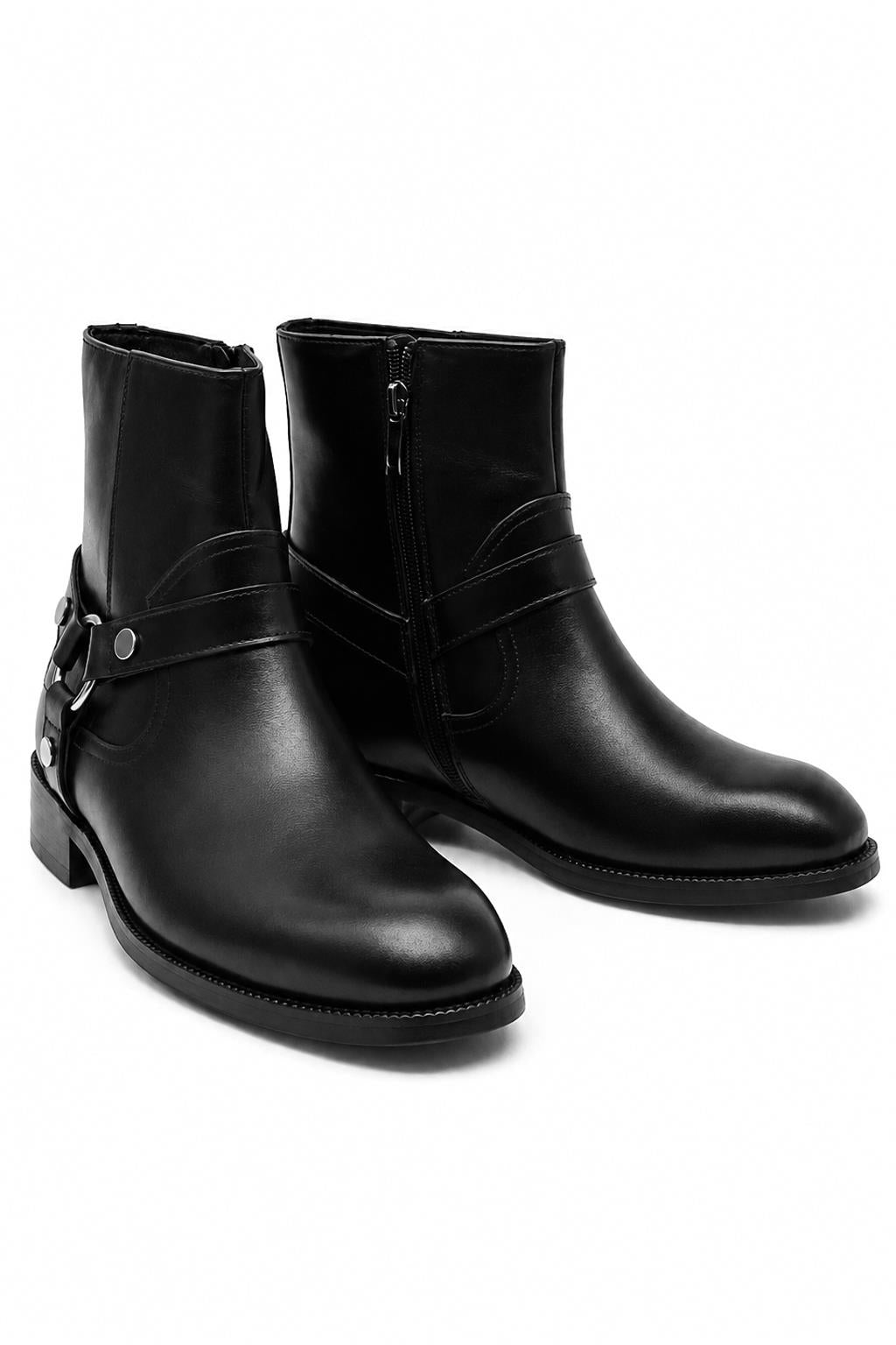 DIEGO Men’s Black Polished Leather Side Zip Ankle Biker Boots Sartorial Shoes