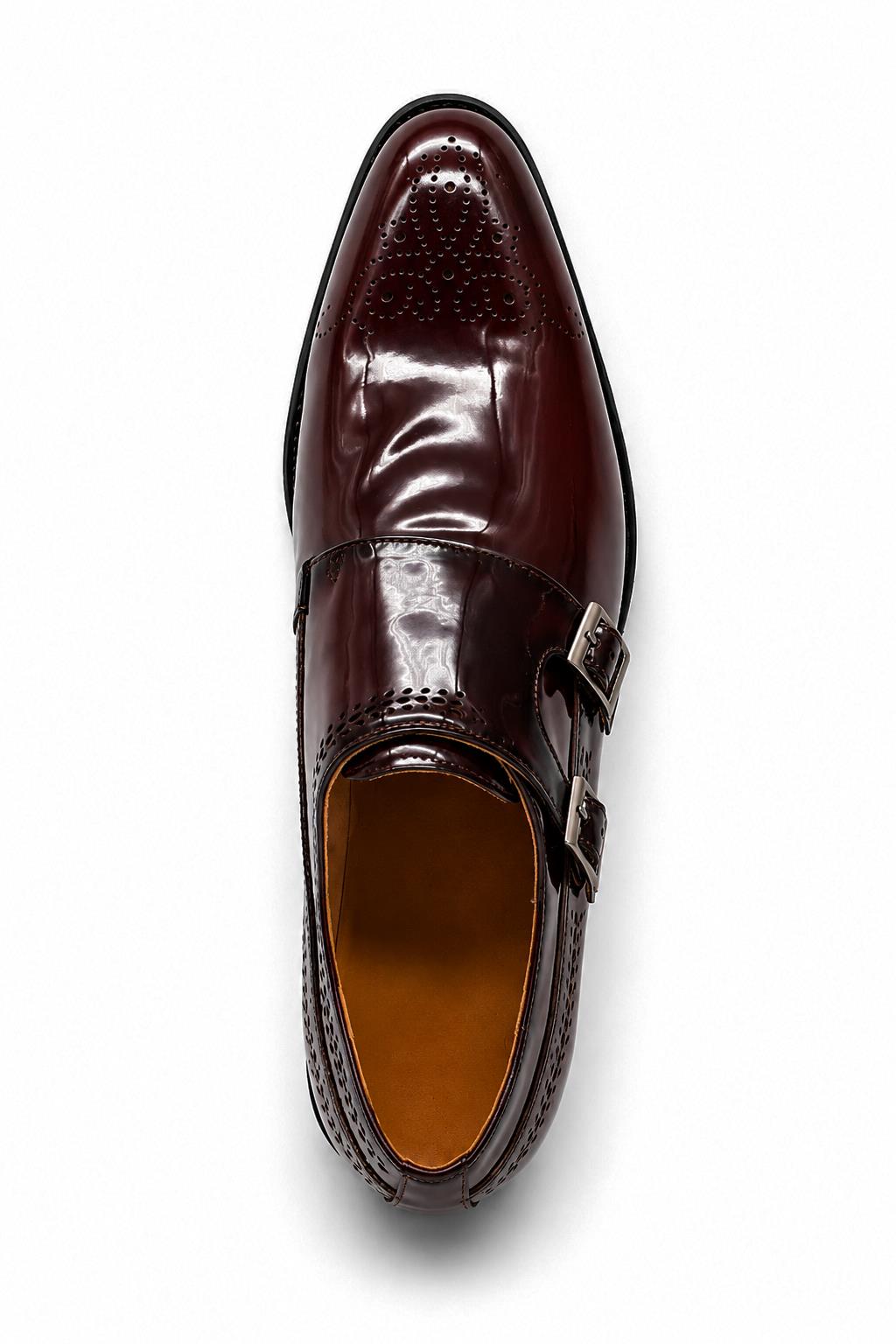 ROAN Men’s Maroon Glossy Patent Leather Monk Strap Dress Shoes Sartorial Shoes