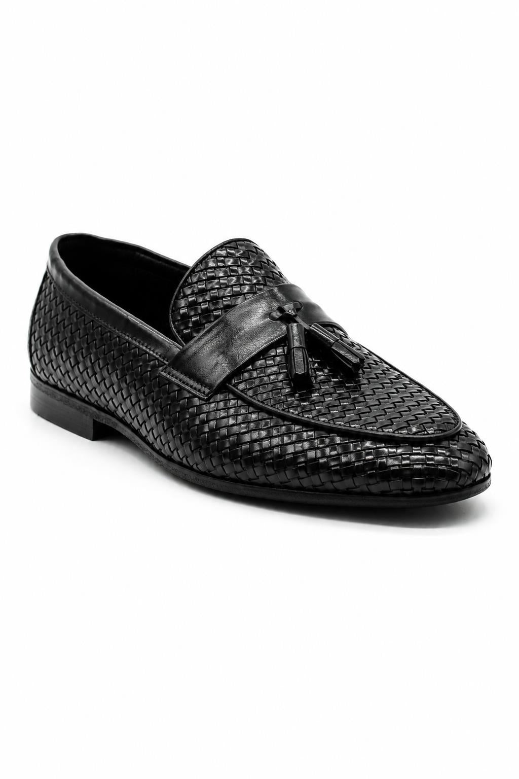 DIVO Men’s Black Handmade Woven Leather Tassel Loafers Sartorial Shoes