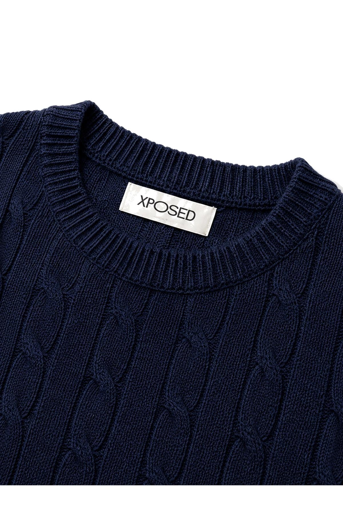 Men's Navy 100% Cotton Fine Cable Knit Crew Neck Jumper CAVANI