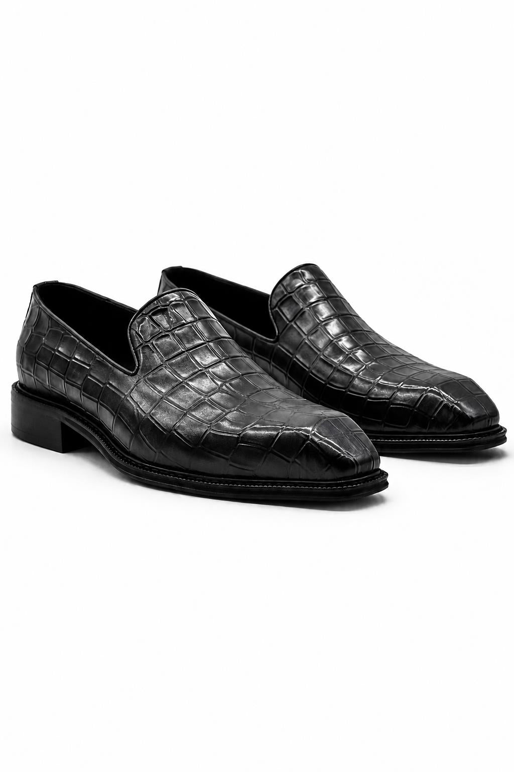 ELBA Men’s Grey Croc Embossed Leather Chisel Toe Loafers Sartorial Shoes