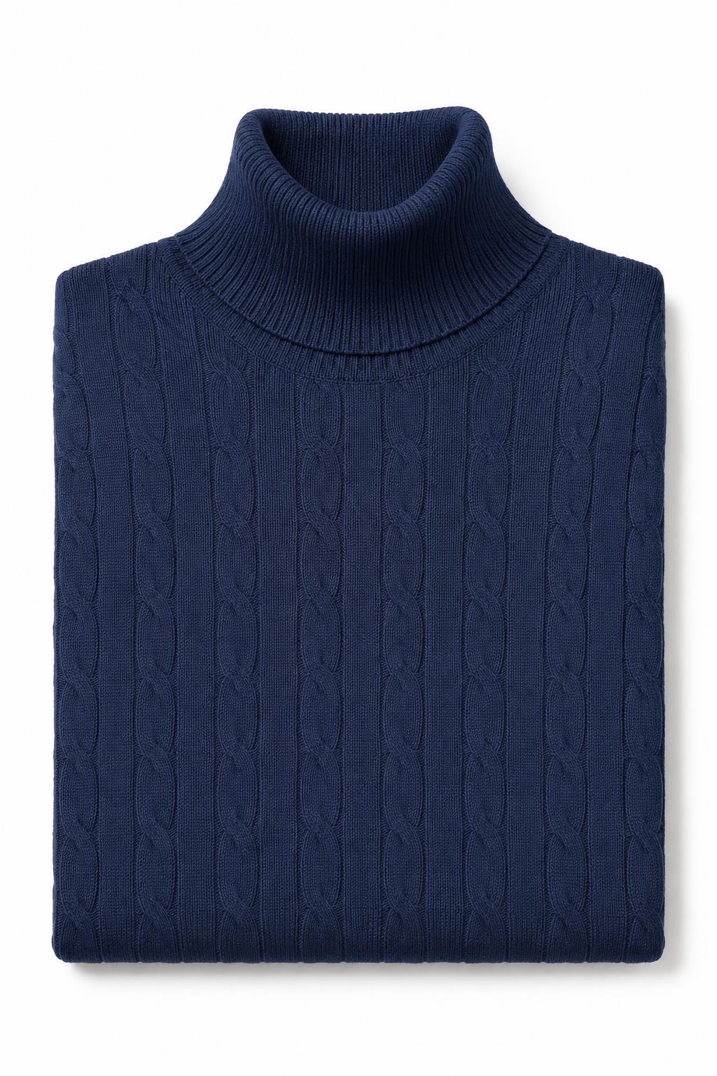 Men's Navy 100% Cotton Fine Cable Knit Roll Neck Jumper CAVANI