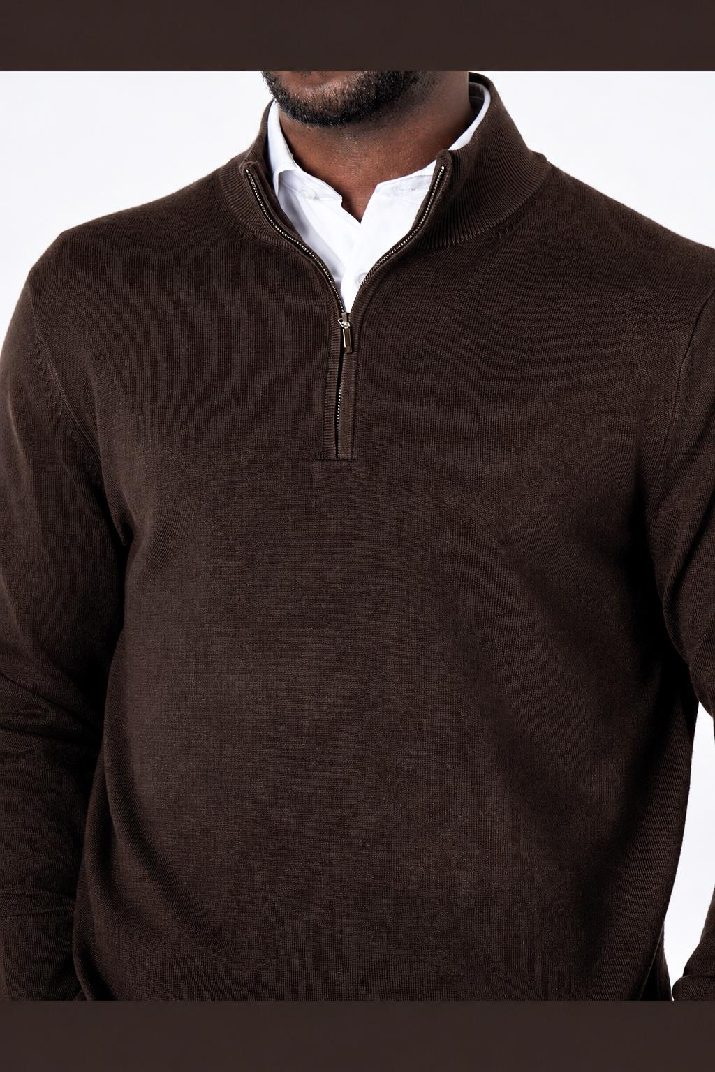 Men's Dark Brown 100% Cotton Fine Knit Quarter Zip Funnel Neck Jumper CAVANI