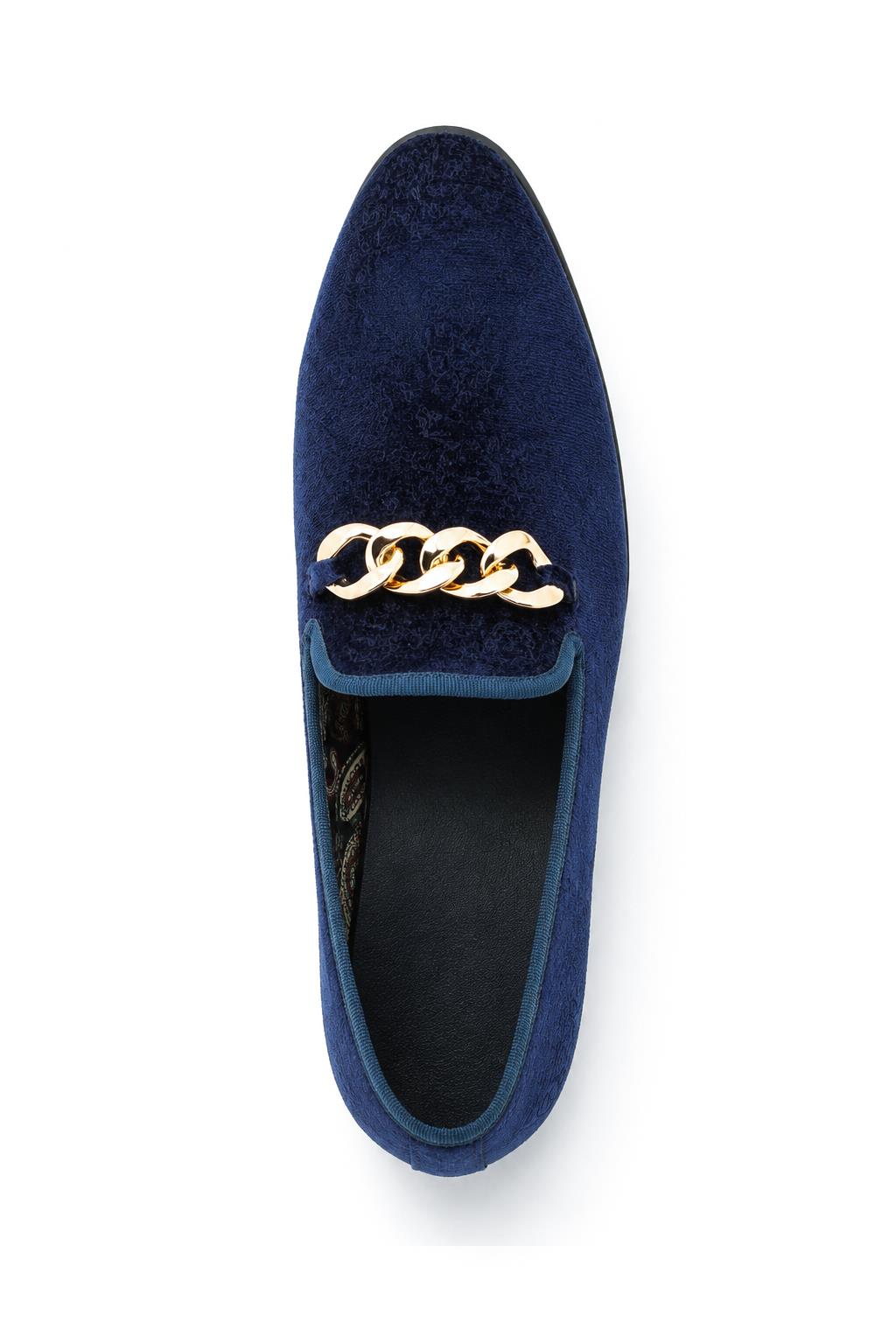 Men's Navy Floral Velvet Gold Chain Wedding Loafers Sartorial Shoes