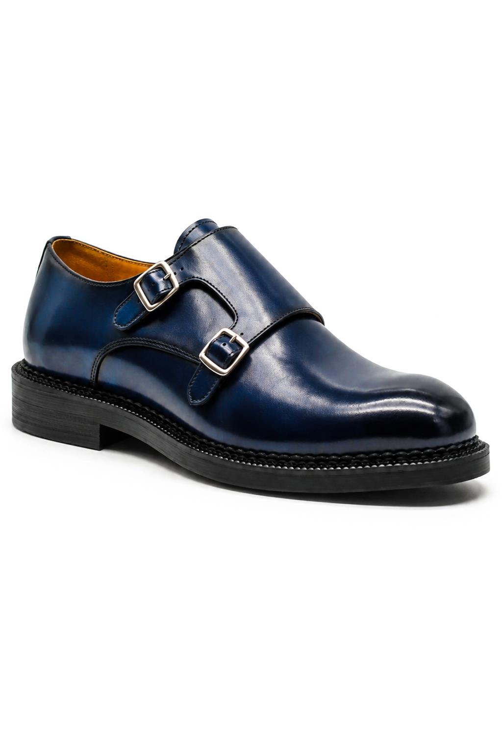ROWE Men’s Blue Burnished Real Leather Double Monk Strap Shoes Sartorial Shoes