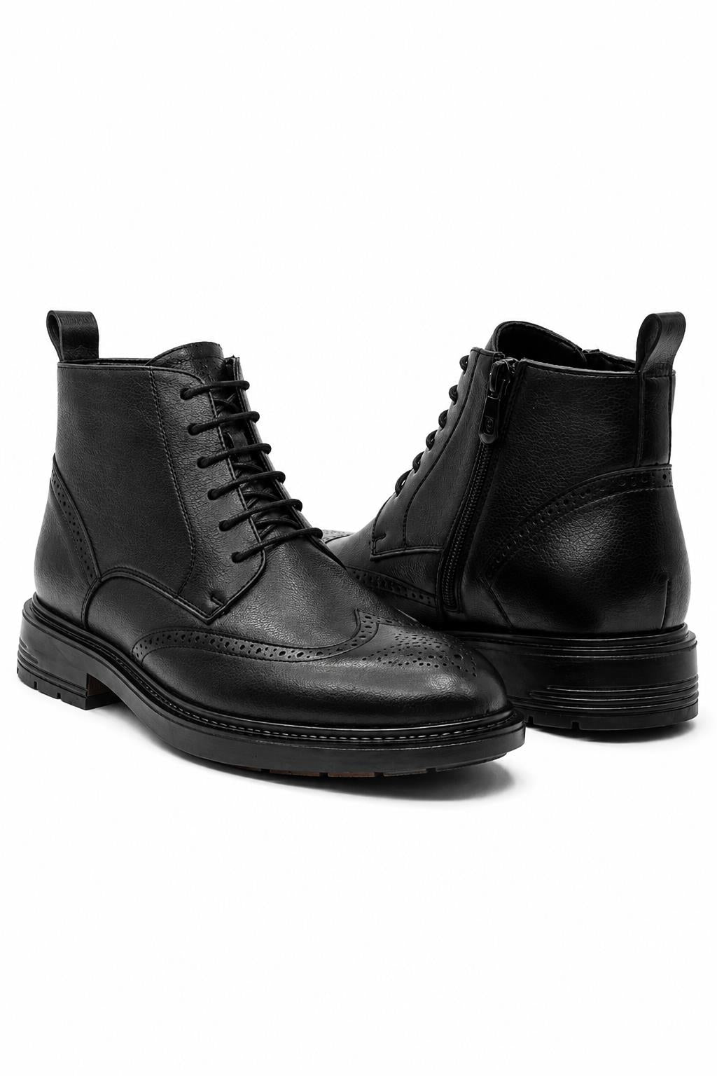 Men's Black Faux Leather Wingtip Brogue Boots Sartorial Shoes