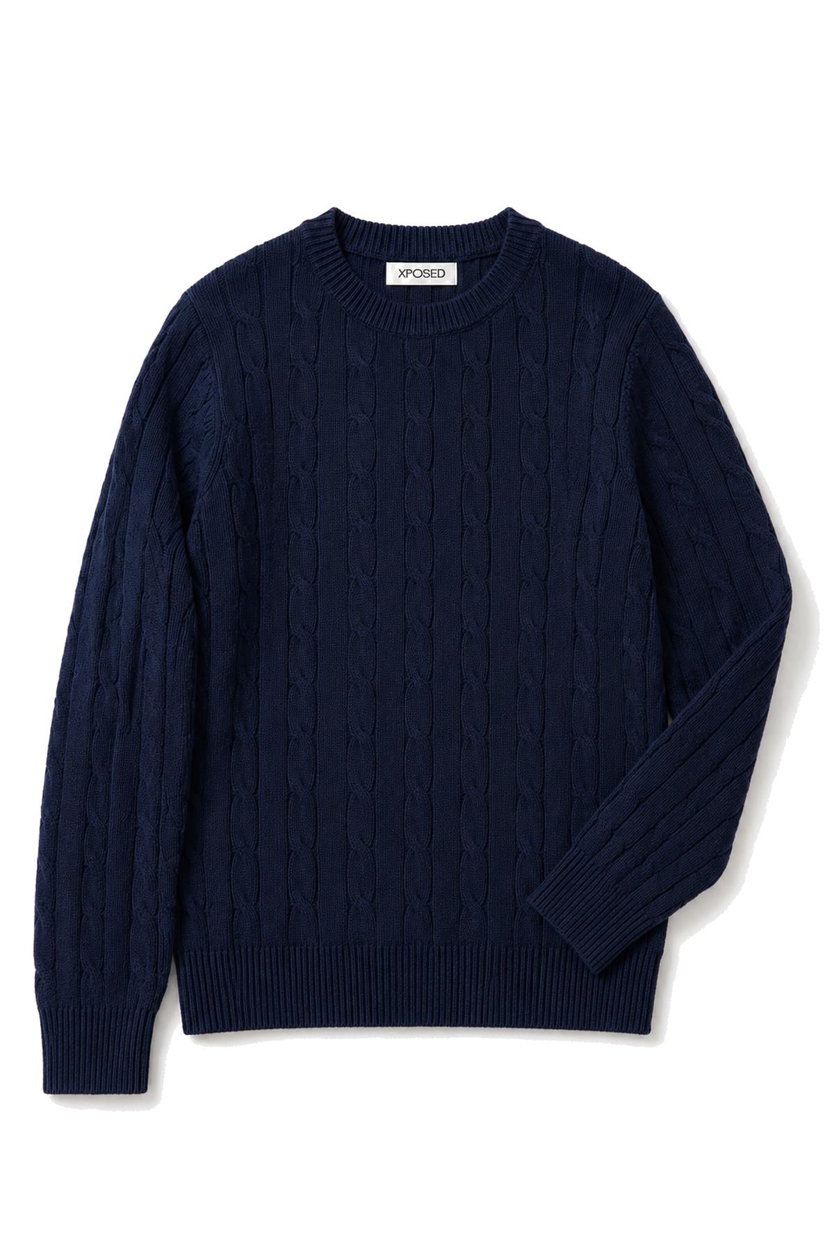 Men's Navy 100% Cotton Fine Cable Knit Crew Neck Jumper CAVANI