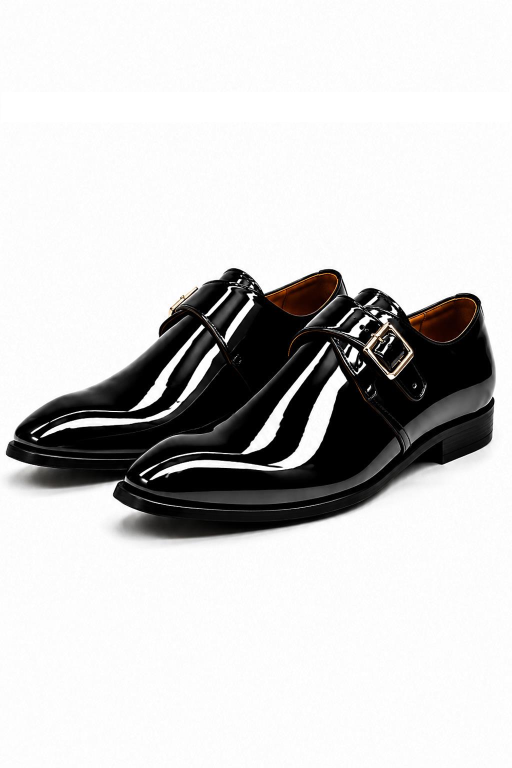 VALE Men’s Black Patent Leather Single Monk Strap Shoes Sartorial Shoes