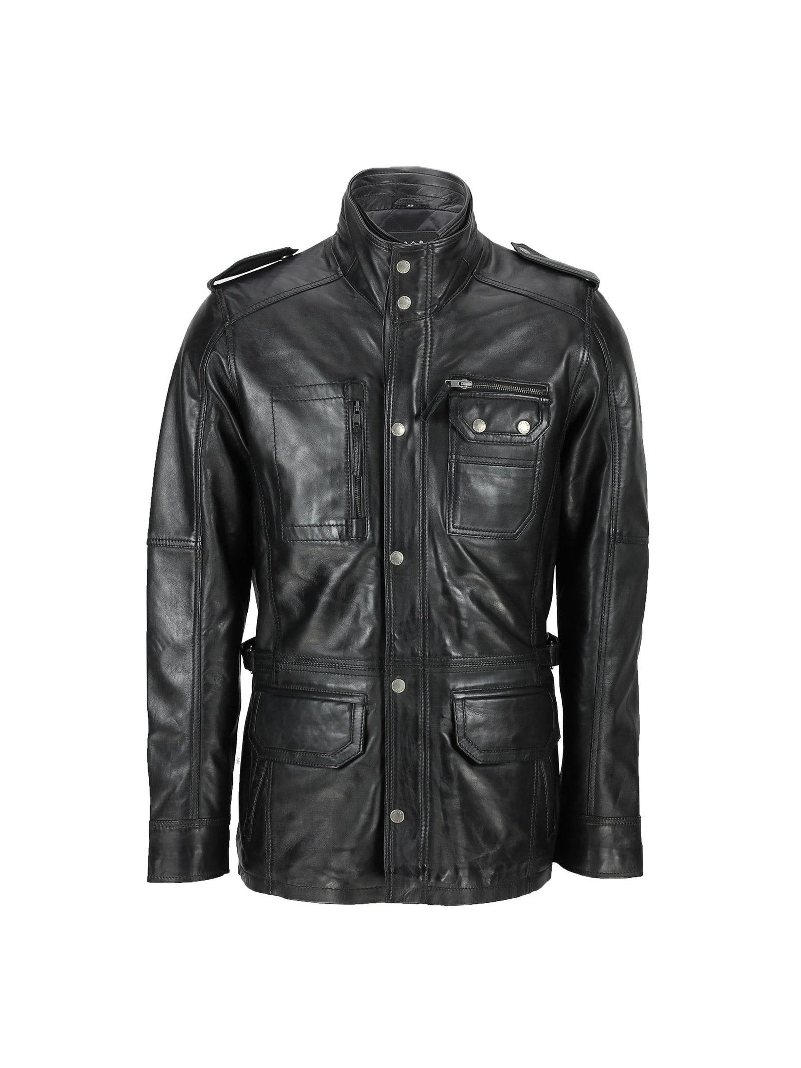 New Mens Classic Black Soft Wax Real Leather Smart Vintage Jacket Military Coat