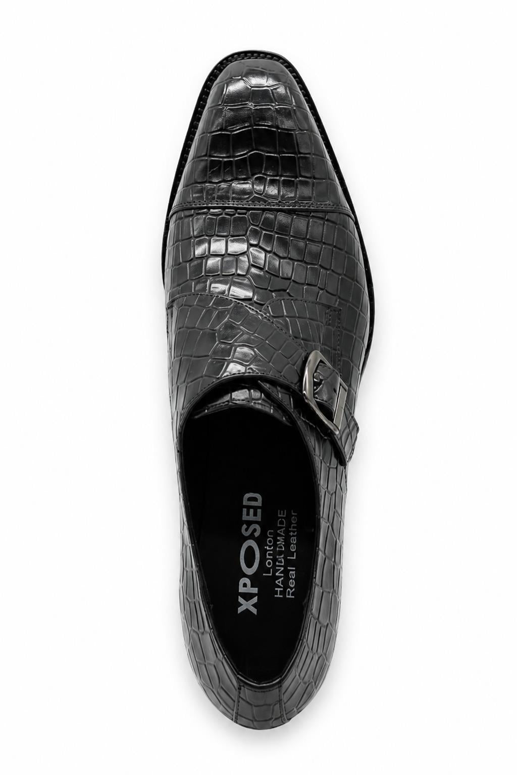ELAN Men's Black Croc Embossed Leather Single Monk Strap Shoes Sartorial Shoes