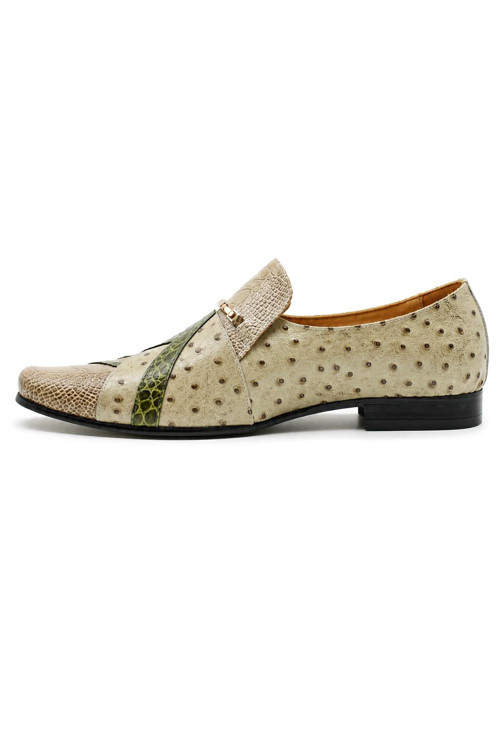 Men’s Cream & Green Snake-Effect Real Leather Loafers Sartorial Shoes