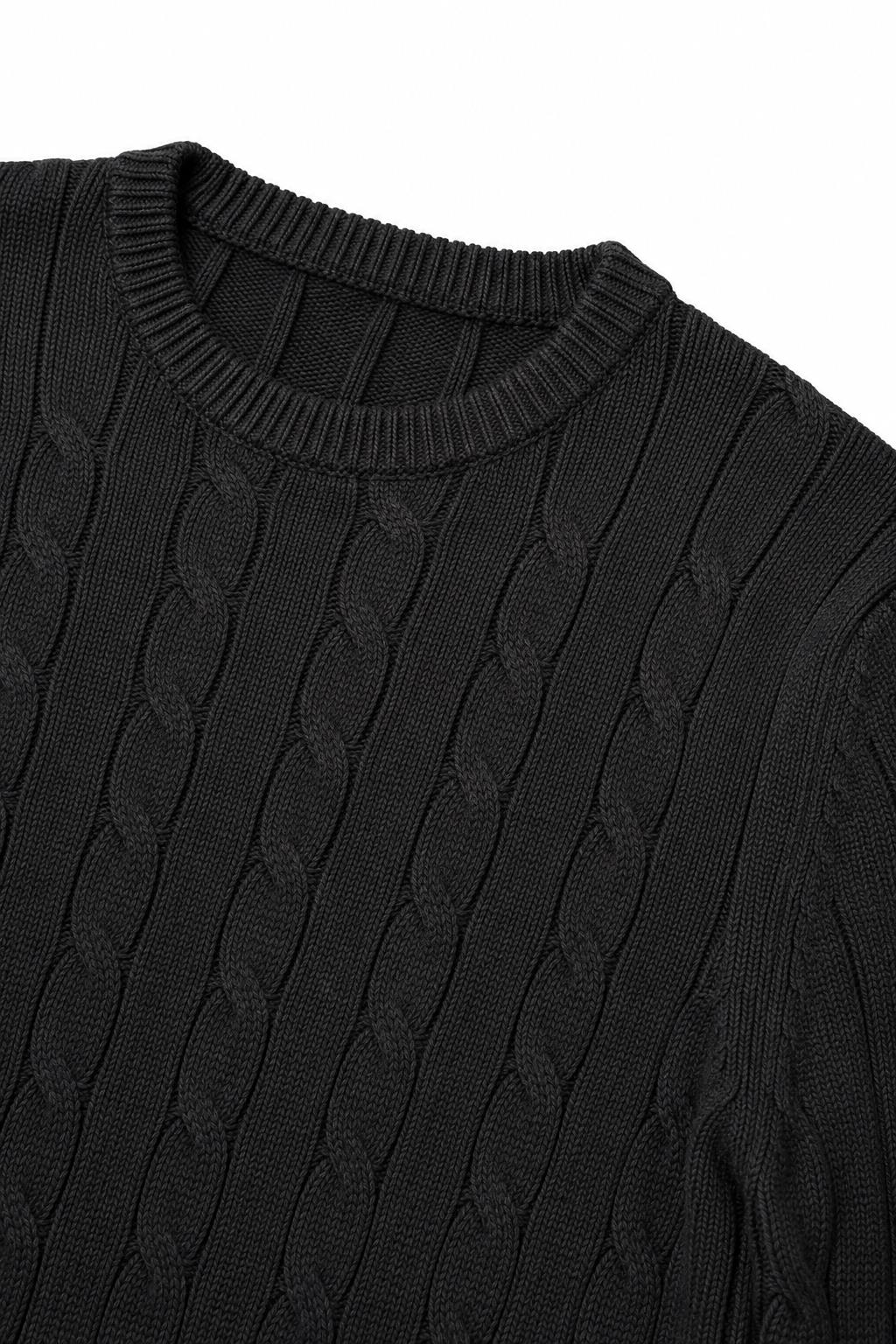 Men's Black 100% Cotton Fine Cable Knit Crew Neck Jumper CAVANI