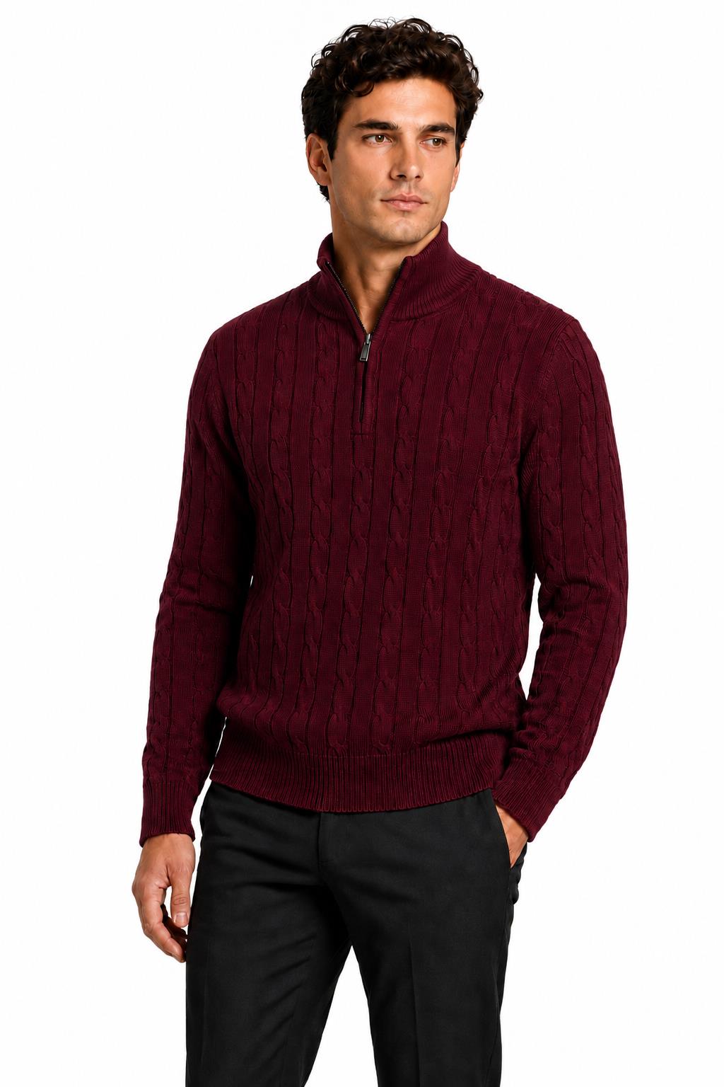 Men's Maroon 100% Cotton Fine Cable Knit Quarter Zip Neck Jumper CAVANI