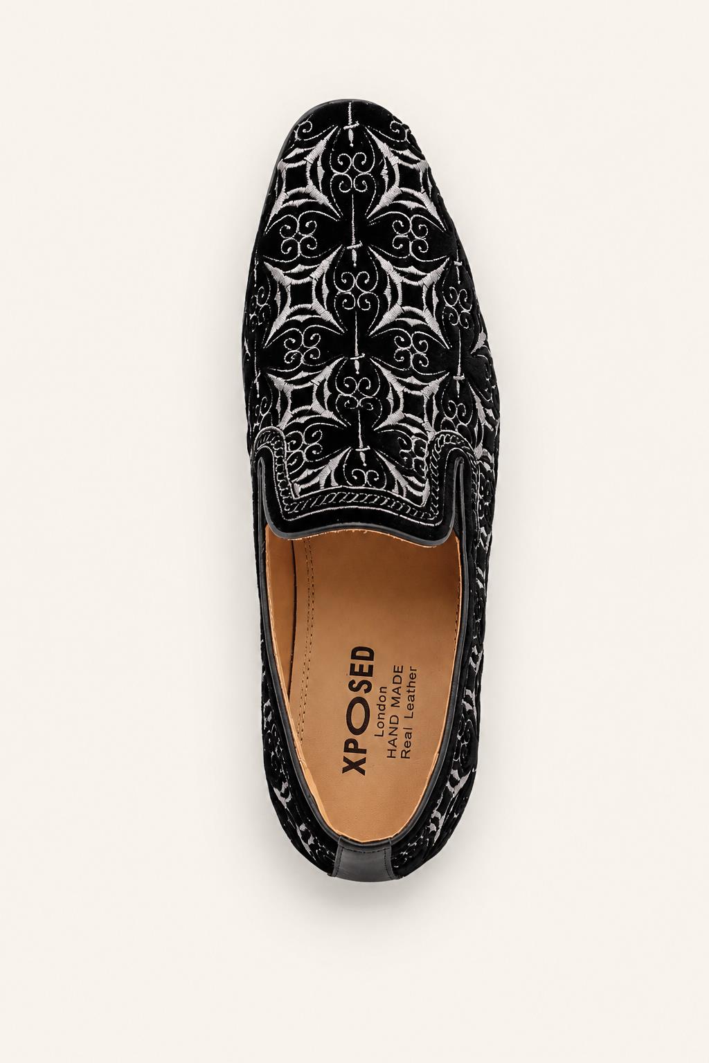 VITO Men’s Black Silver Embroidered Velvet Real Leather Party Loafers Sartorial Shoes