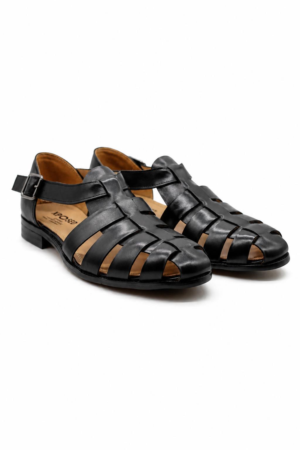 Luke - Black Handmade Real Leather Fisherman Sandals Sartorial Shoes