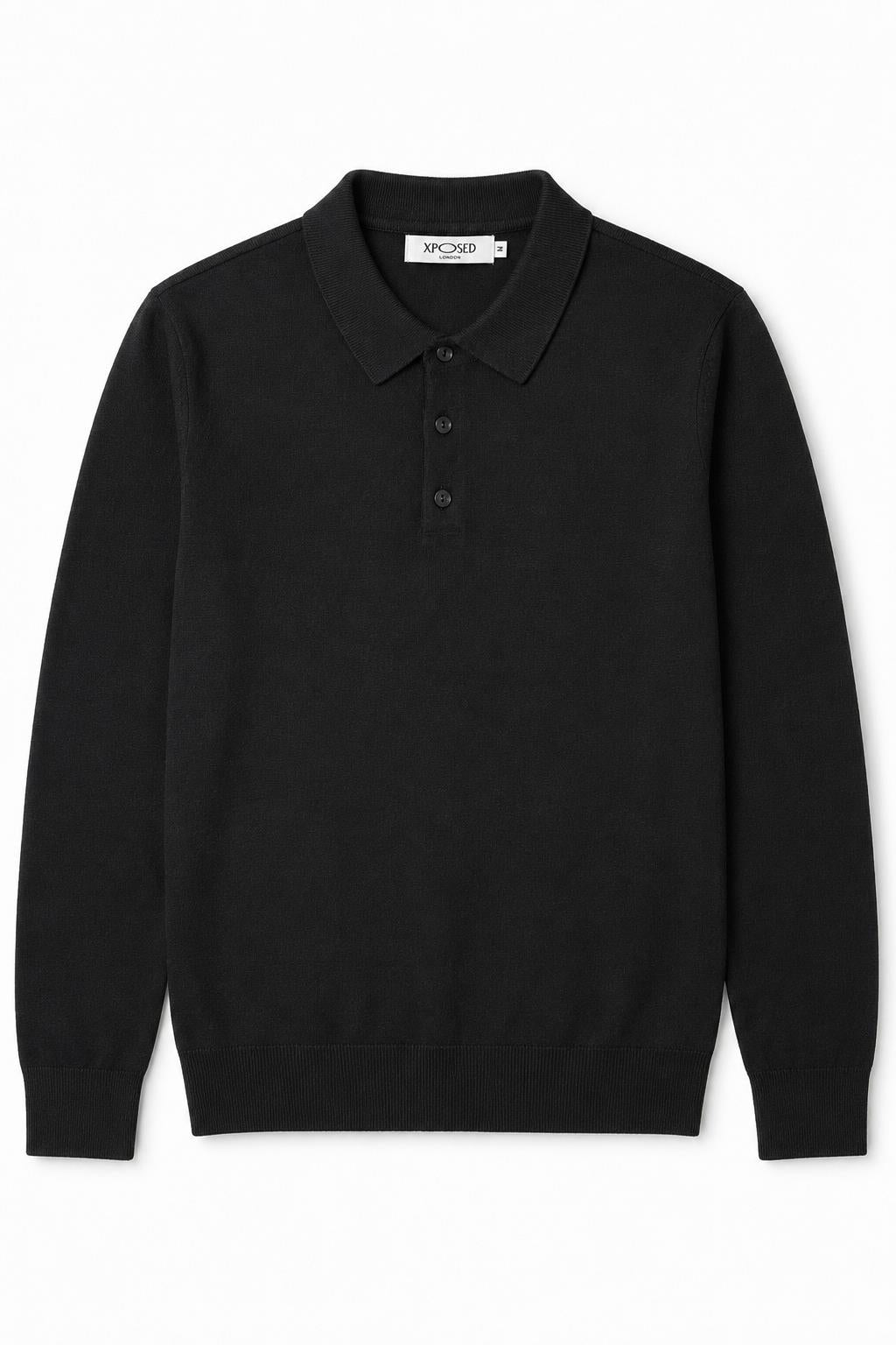 Men's Black 100% Cotton Fine Knit Button Neck Polo Jumper CAVANI