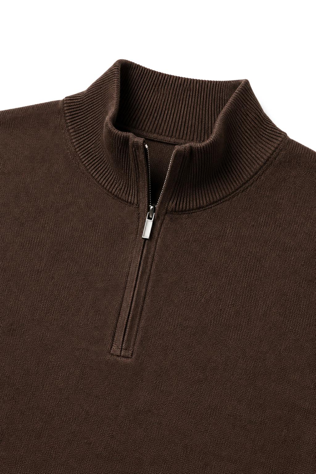 Men's Dark Brown 100% Cotton Fine Knit Quarter Zip Funnel Neck Jumper CAVANI