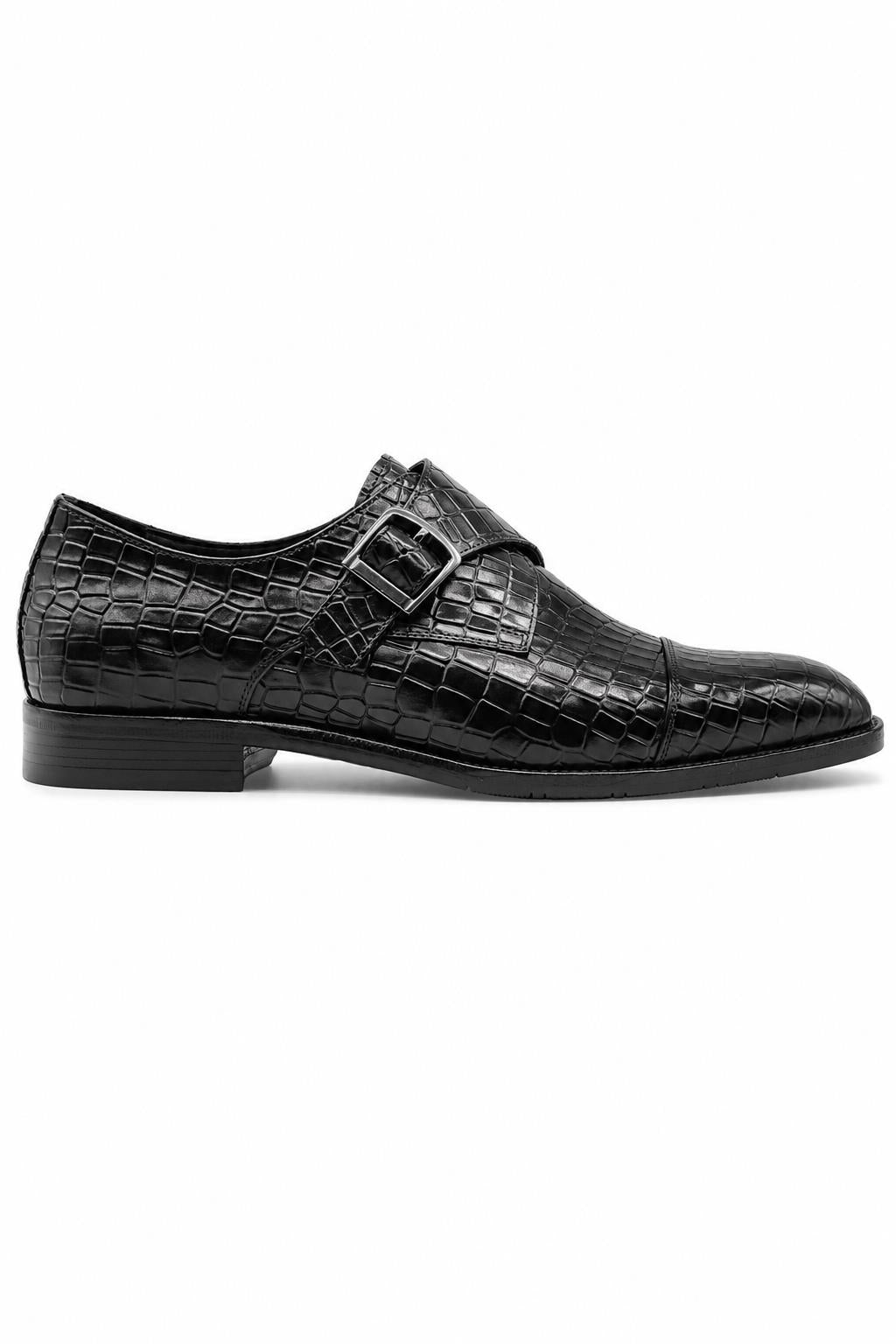 ELAN Men's Black Croc Embossed Leather Single Monk Strap Shoes Sartorial Shoes