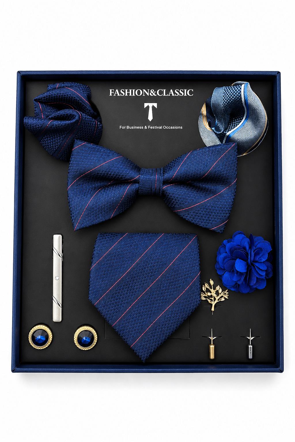 Men’s Navy Blue Stripe 8-Piece Tie & Bow Tie Wedding Gift Set Sartorial Shoes