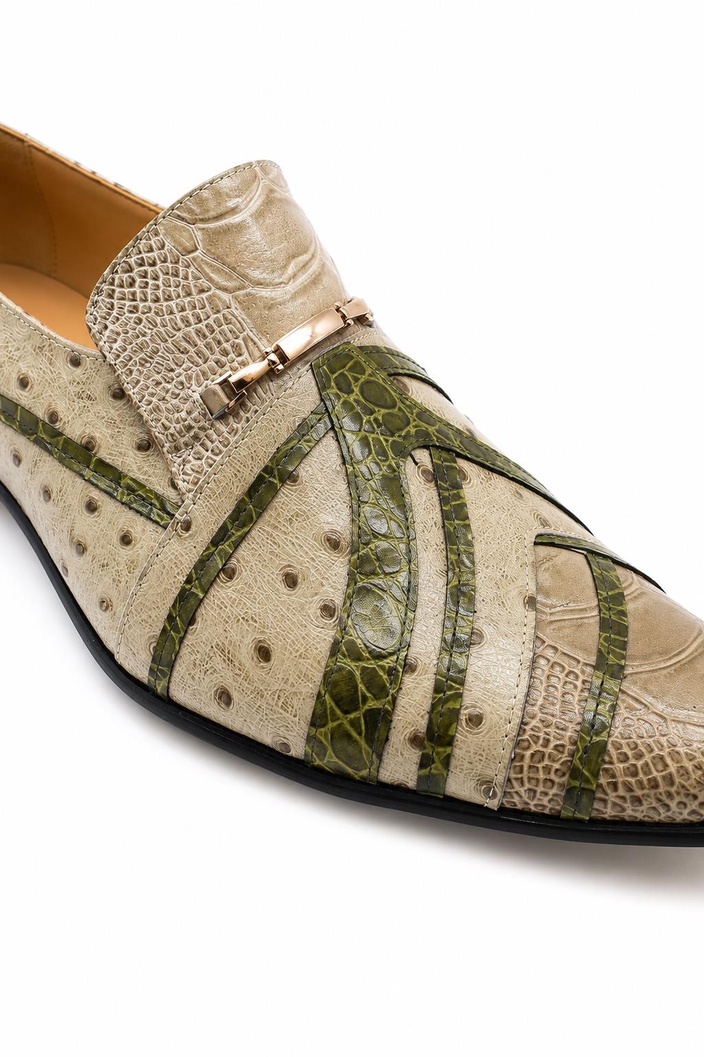 Men’s Cream & Green Snake-Effect Real Leather Loafers Sartorial Shoes