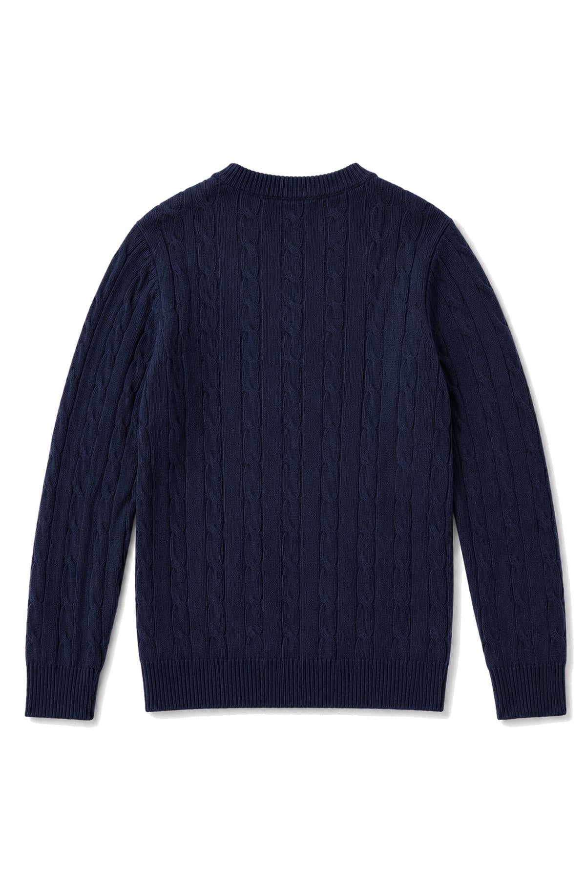 Men's Navy 100% Cotton Fine Cable Knit Crew Neck Jumper CAVANI