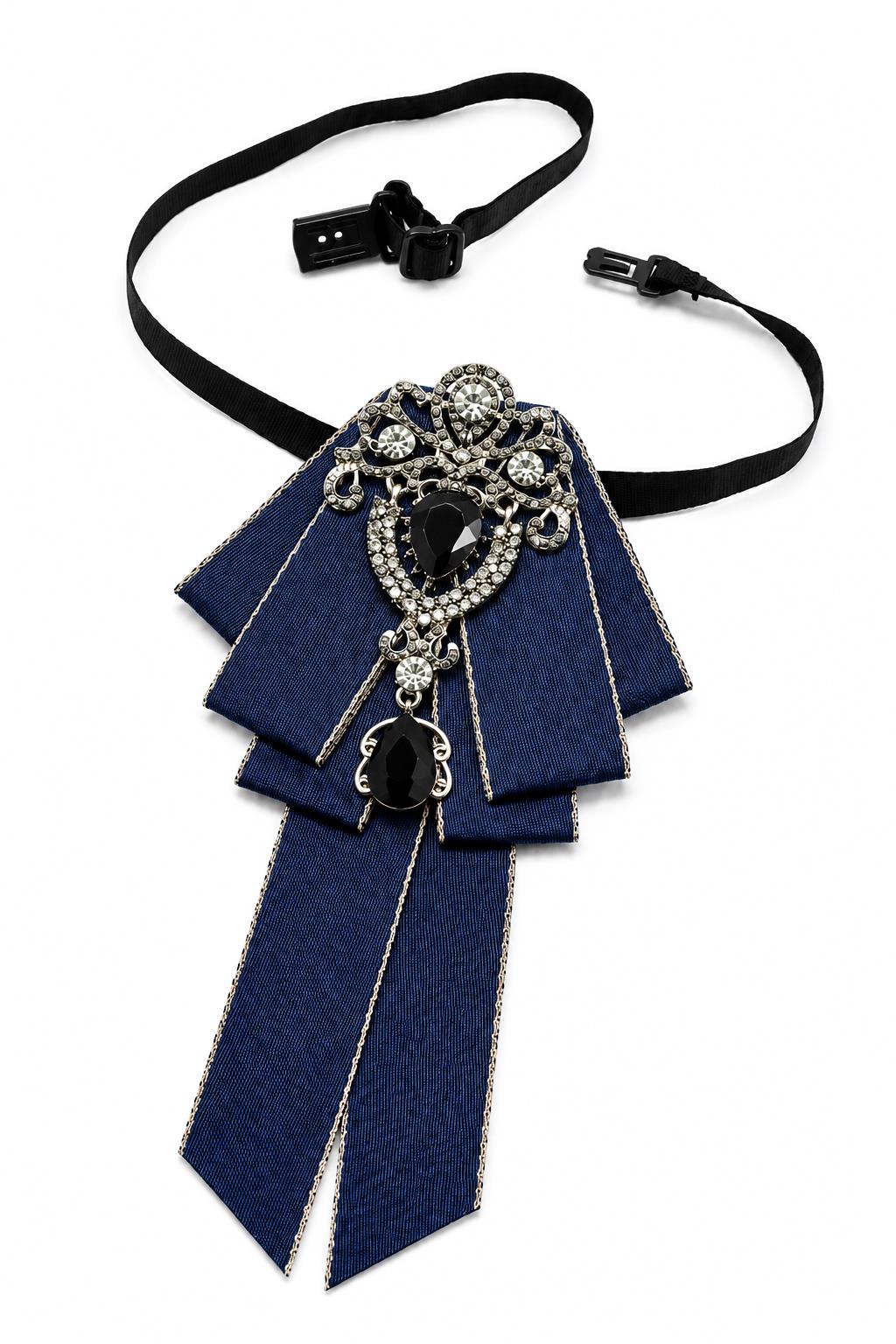 Men’s Navy Jewelled Short Ribbon Wedding Brooch Bow Tie Sartorial Shoes